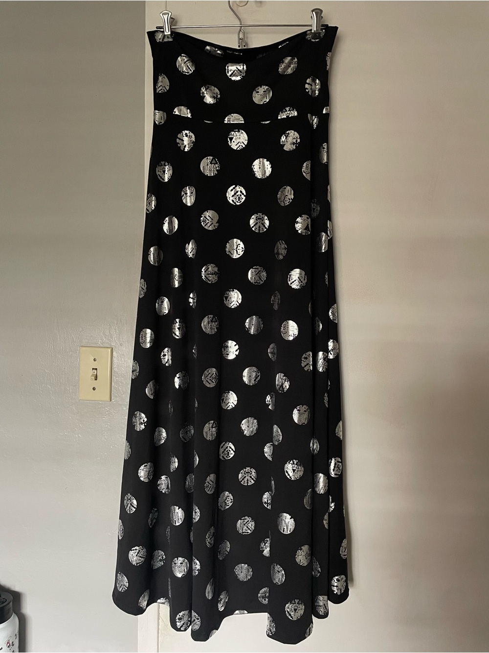 Black Maxi Skirt with Silver Polka Dot Print